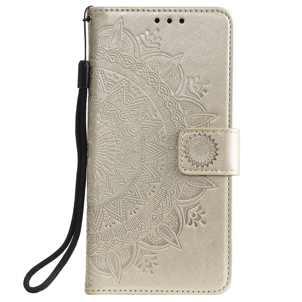 Imprint Mandala Flower Stand Wallet Leather Case for Huawei Y6 (2019, with Fingerprint Sensor) - Beige-2