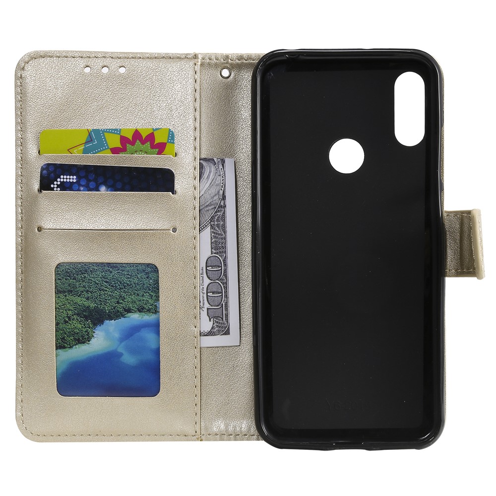 Imprint Mandala Flower Stand Wallet Leather Case for Huawei Y6 (2019, with Fingerprint Sensor) - Beige-3