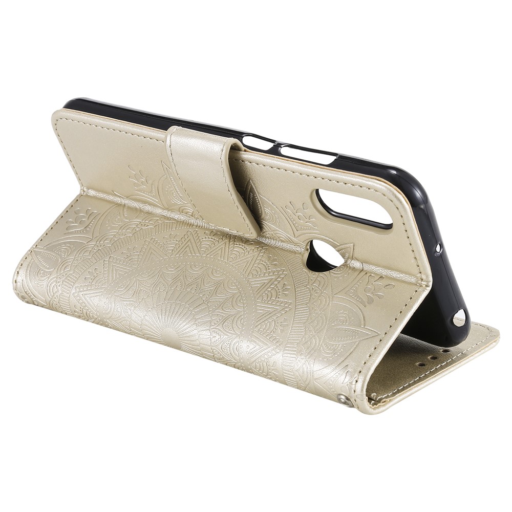 Imprint Mandala Flower Stand Wallet Leather Case for Huawei Y6 (2019, with Fingerprint Sensor) - Beige-5