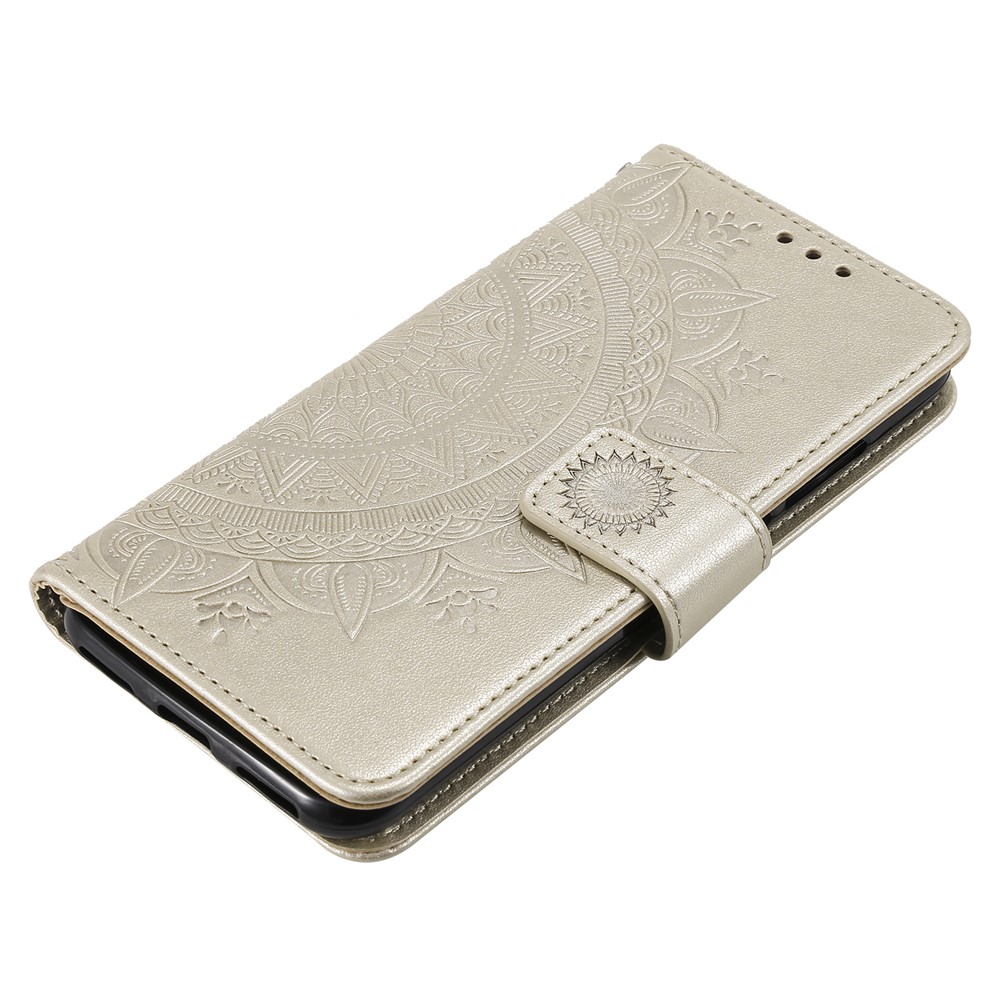Imprint Mandala Flower Stand Wallet Leather Case for Huawei Y6 (2019, with Fingerprint Sensor) - Beige-7