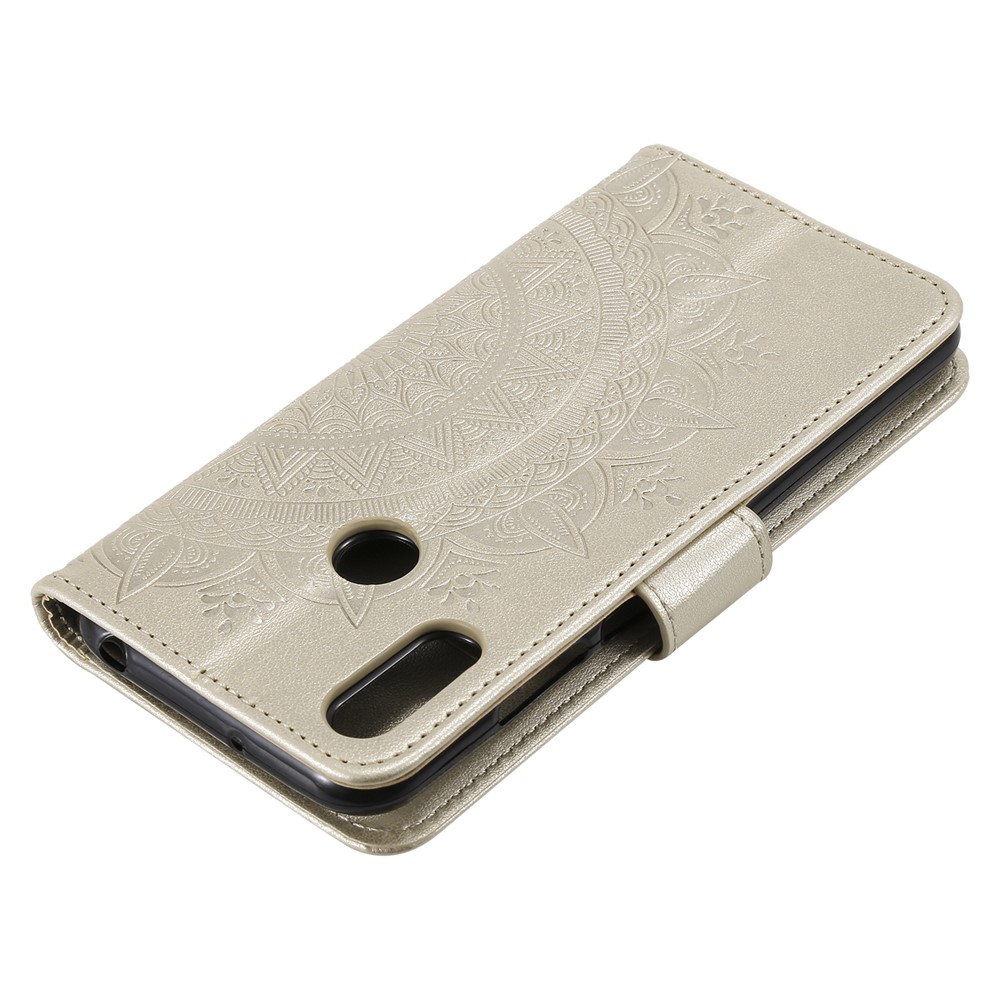 Imprint Mandala Flower Stand Wallet Leather Case for Huawei Y6 (2019, with Fingerprint Sensor) - Beige-8