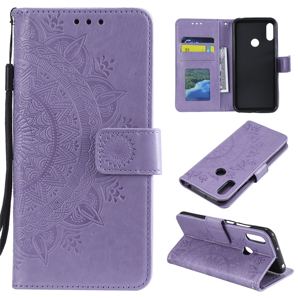Imprint Mandala Flower Stand Wallet Leather Case for Huawei Y6 (2019, with Fingerprint Sensor) - Purple-1