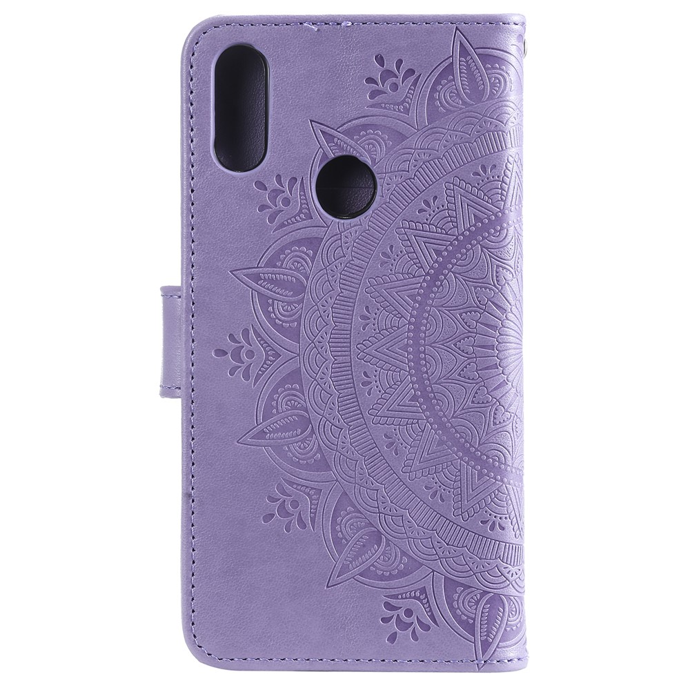Imprint Mandala Flower Stand Wallet Leather Case for Huawei Y6 (2019, with Fingerprint Sensor) - Purple-3