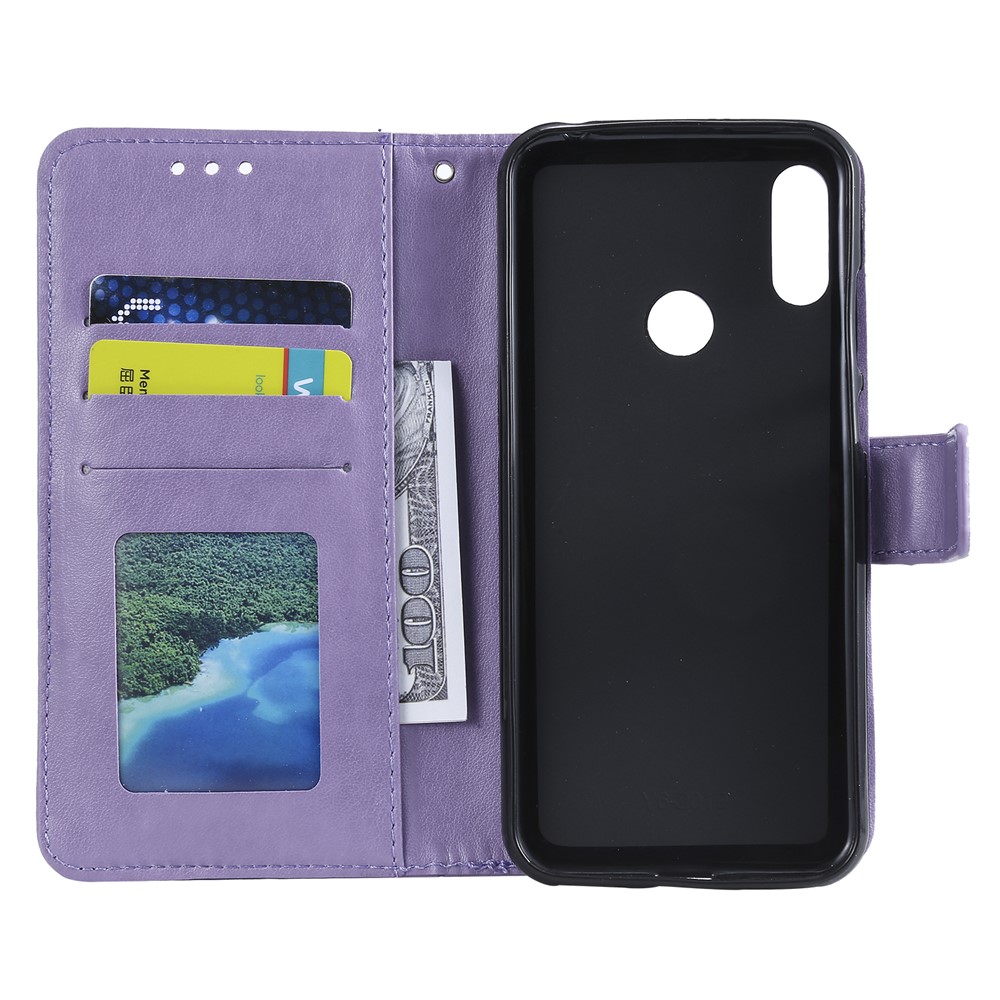 Imprint Mandala Flower Stand Wallet Leather Case for Huawei Y6 (2019, with Fingerprint Sensor) - Purple-4
