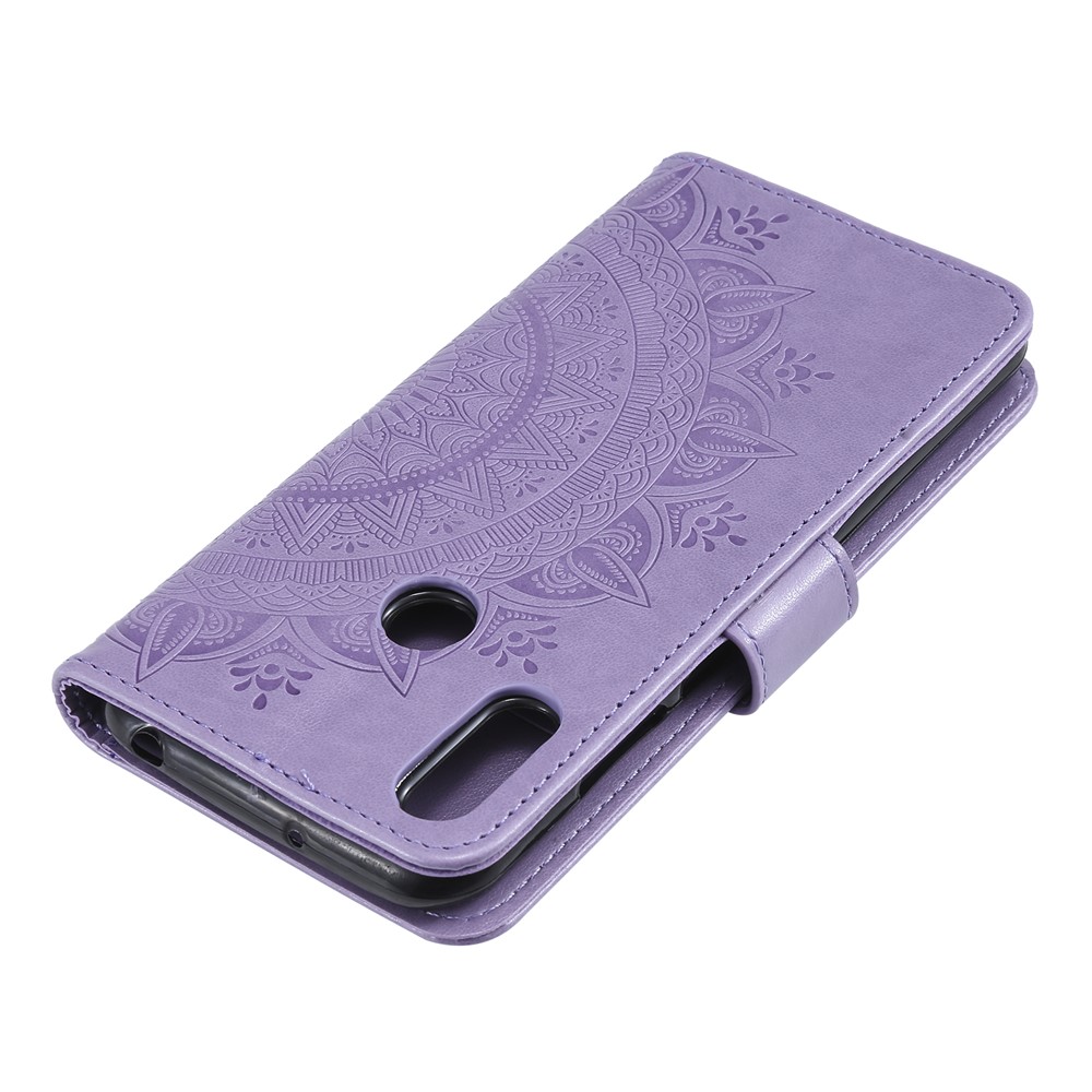 Imprint Mandala Flower Stand Wallet Leather Case for Huawei Y6 (2019, with Fingerprint Sensor) - Purple-8