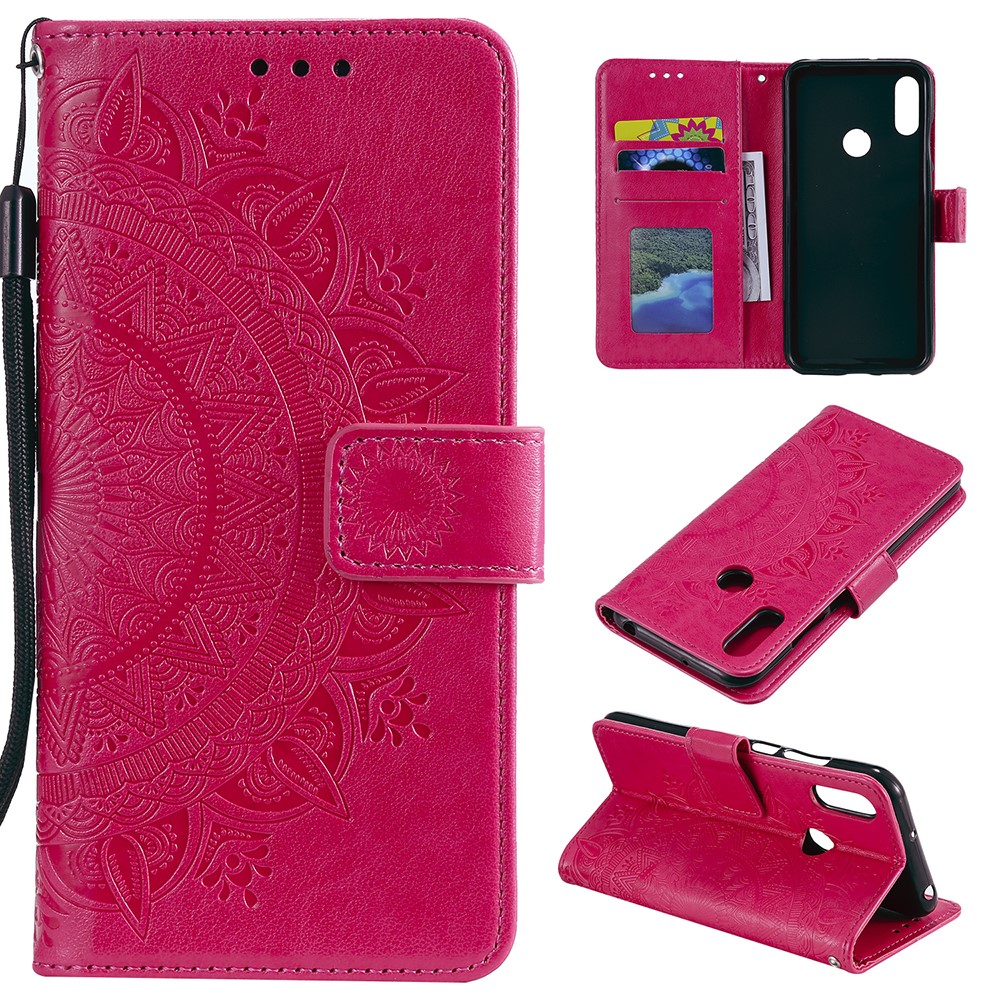 Imprint Mandala Flower Stand Wallet Leather Case for Huawei Y6 (2019, with Fingerprint Sensor) - Rose-1