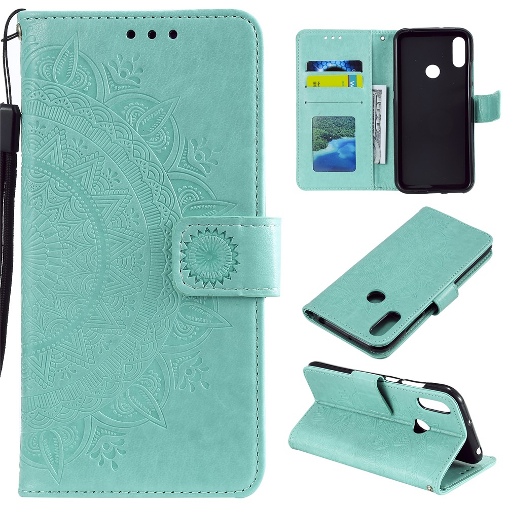 Imprint Mandala Flower Stand Wallet Leather Case for Huawei Y6 (2019, with Fingerprint Sensor) - Cyan-1
