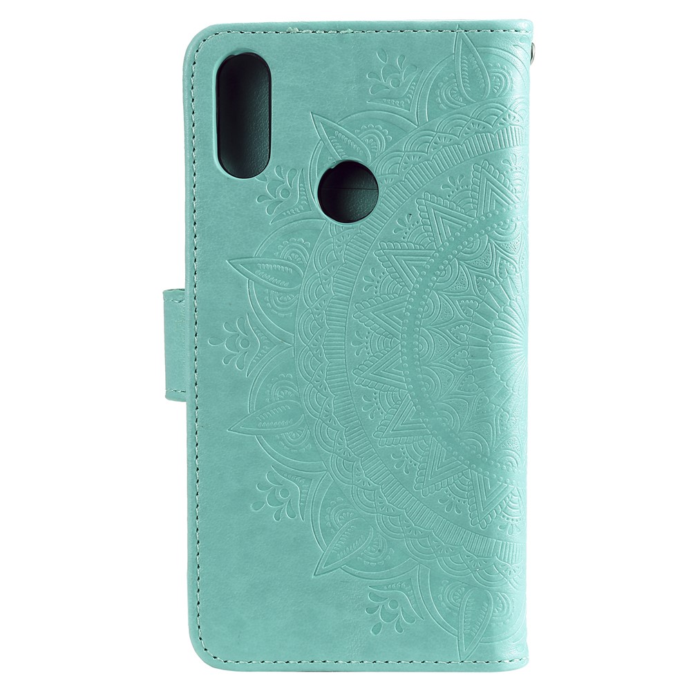 Imprint Mandala Flower Stand Wallet Leather Case for Huawei Y6 (2019, with Fingerprint Sensor) - Cyan-3