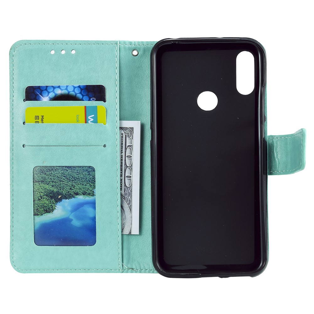 Imprint Mandala Flower Stand Wallet Leather Case for Huawei Y6 (2019, with Fingerprint Sensor) - Cyan-4