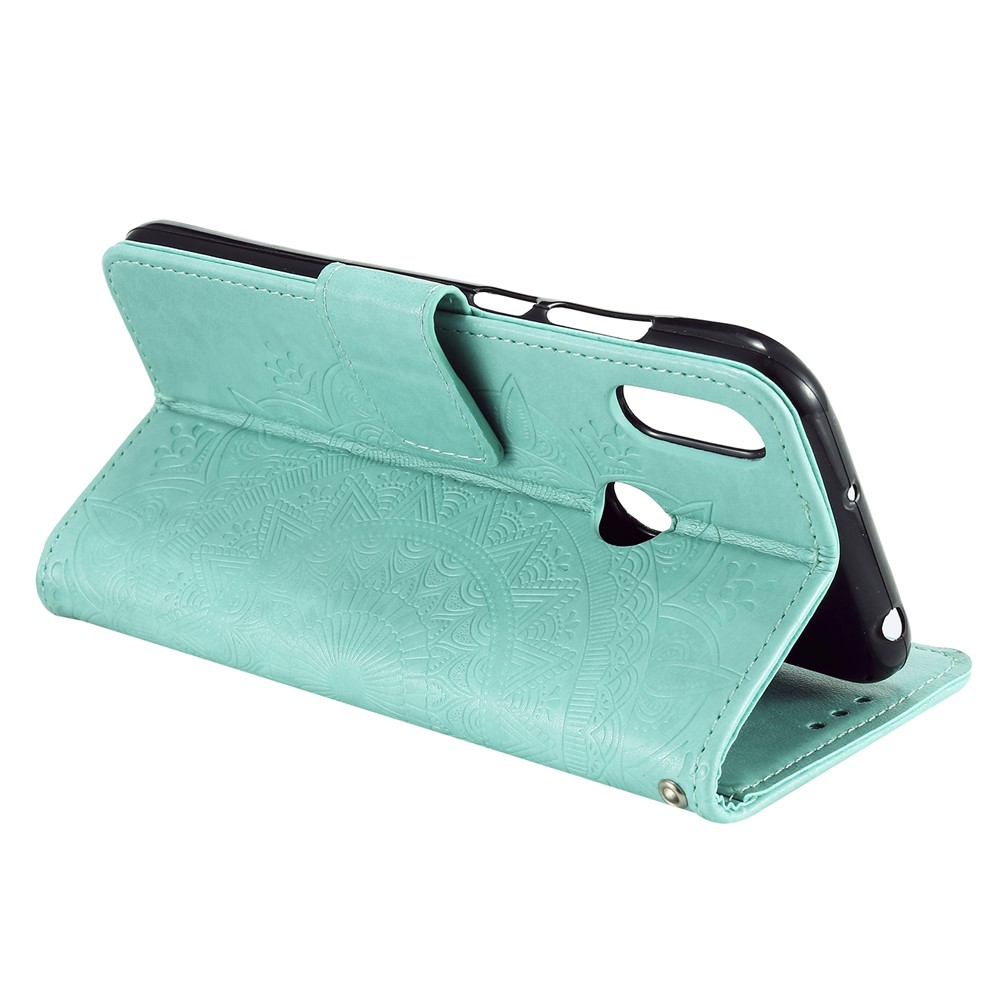 Imprint Mandala Flower Stand Wallet Leather Case for Huawei Y6 (2019, with Fingerprint Sensor) - Cyan-5