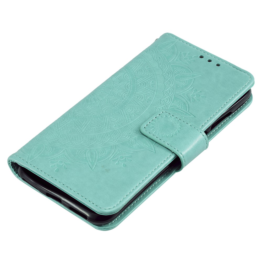 Imprint Mandala Flower Stand Wallet Leather Case for Huawei Y6 (2019, with Fingerprint Sensor) - Cyan-7