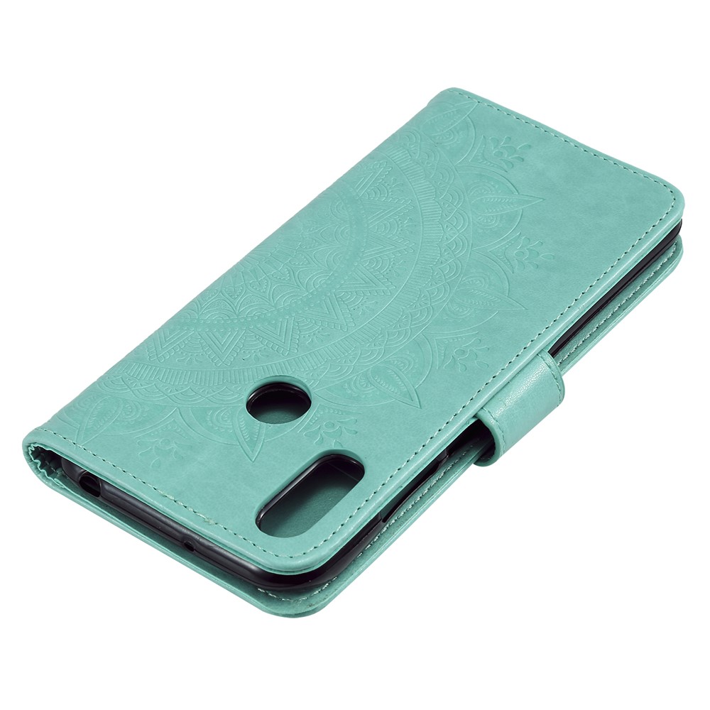 Imprint Mandala Flower Stand Wallet Leather Case for Huawei Y6 (2019, with Fingerprint Sensor) - Cyan-8