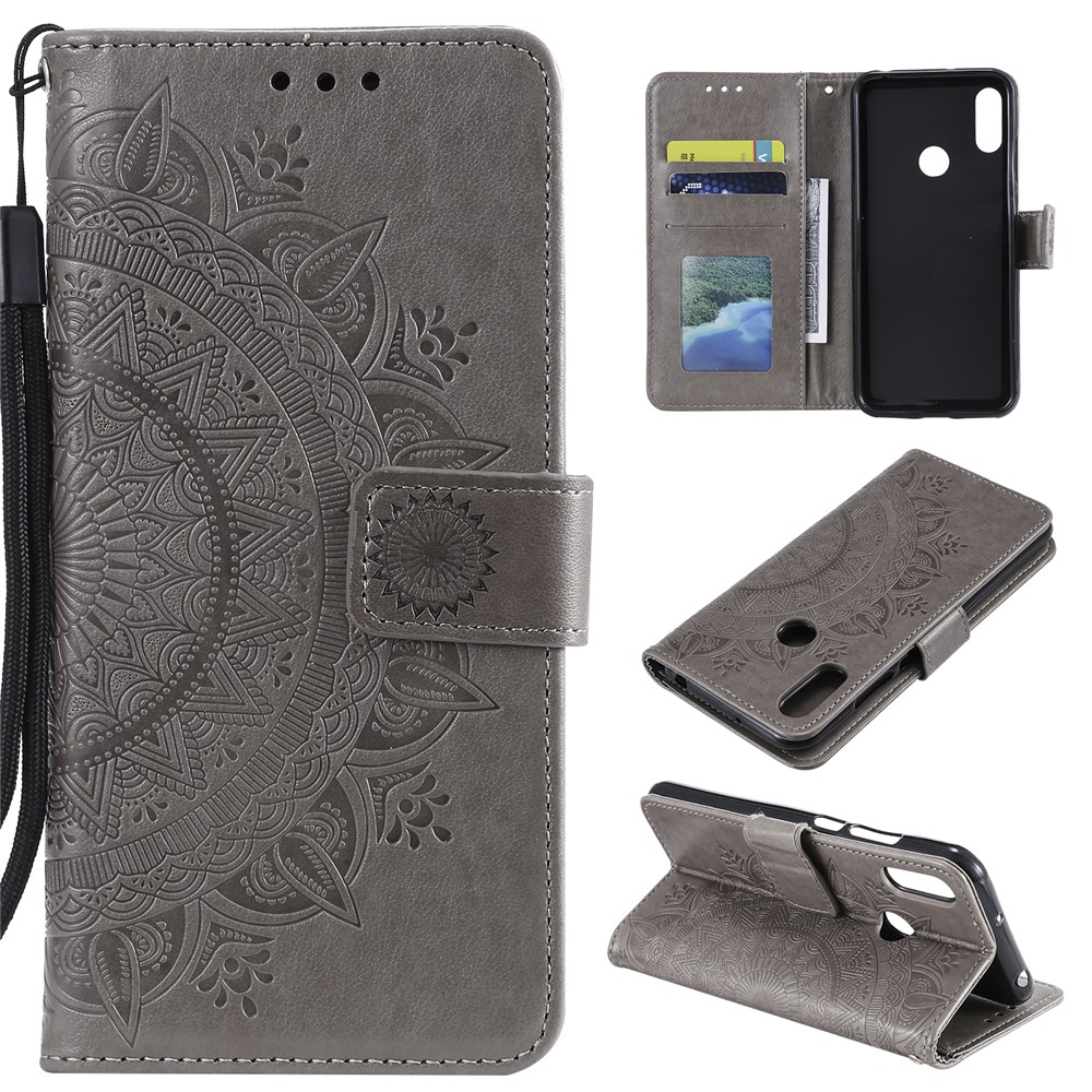 Imprint Mandala Flower Stand Wallet Leather Case for Huawei Y6 (2019, with Fingerprint Sensor) - Grey-1