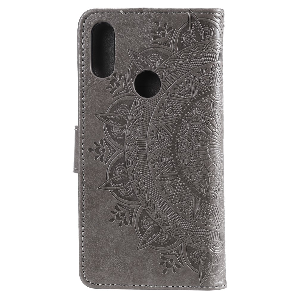 Imprint Mandala Flower Stand Wallet Leather Case for Huawei Y6 (2019, with Fingerprint Sensor) - Grey-3
