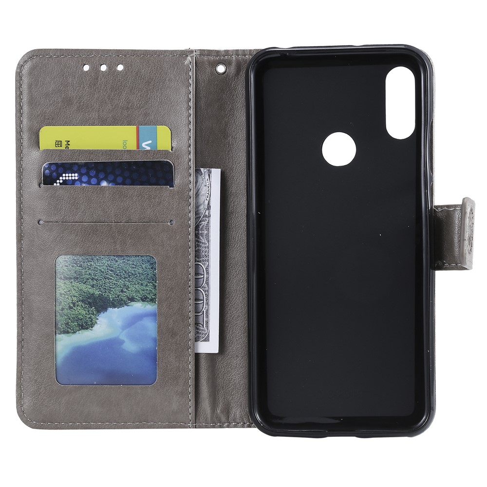 Imprint Mandala Flower Stand Wallet Leather Case for Huawei Y6 (2019, with Fingerprint Sensor) - Grey-4