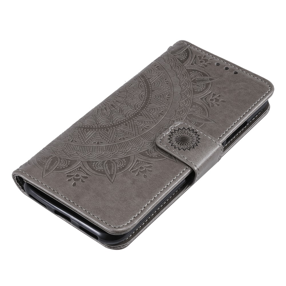 Imprint Mandala Flower Stand Wallet Leather Case for Huawei Y6 (2019, with Fingerprint Sensor) - Grey-7