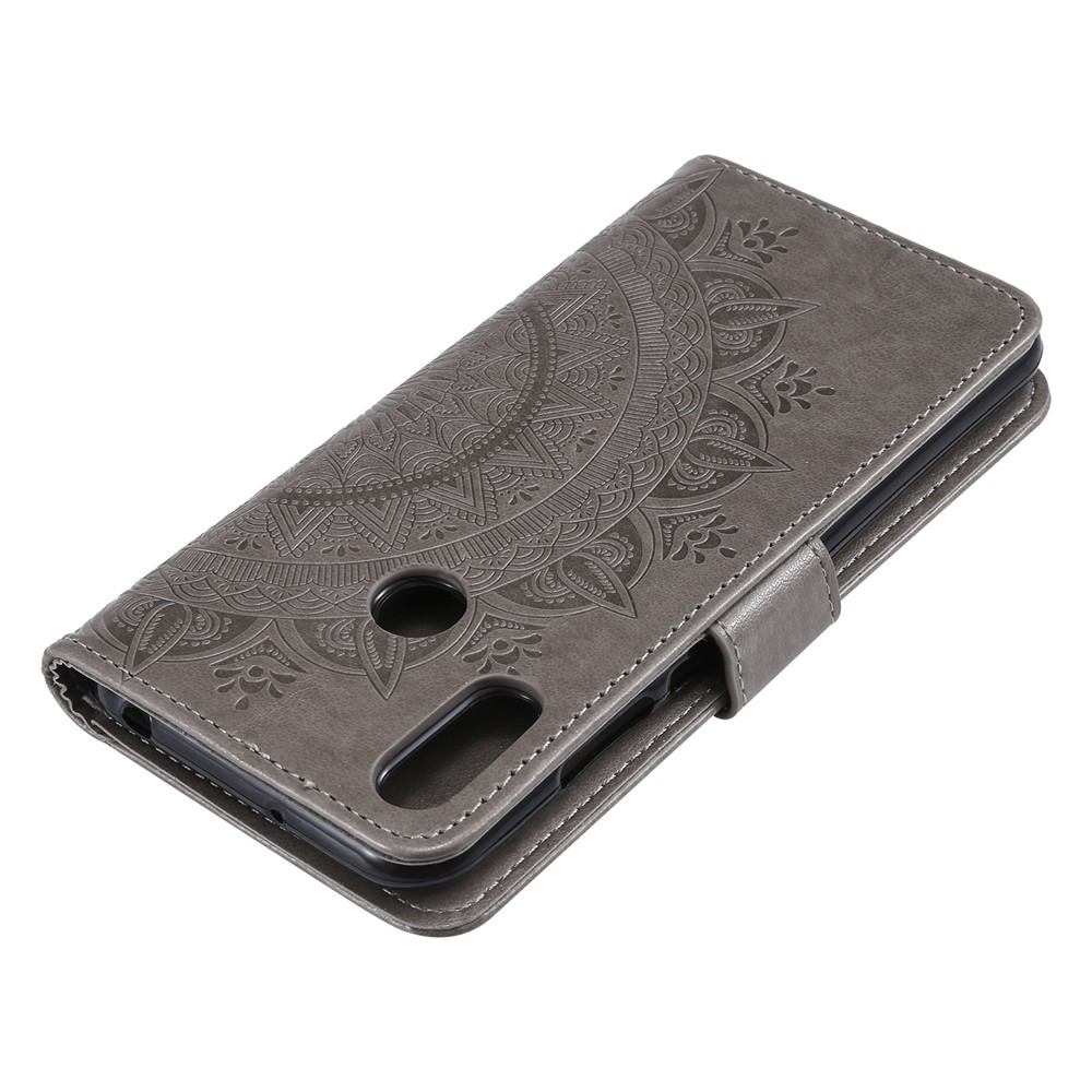 Imprint Mandala Flower Stand Wallet Leather Case for Huawei Y6 (2019, with Fingerprint Sensor) - Grey-8