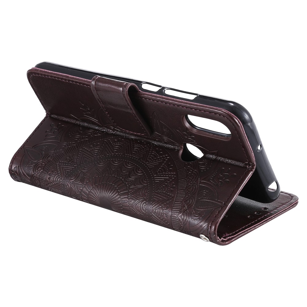 Imprint Mandala Flower Stand Wallet Leather Case for Huawei Y6 (2019, with Fingerprint Sensor) - Dark Brown-5