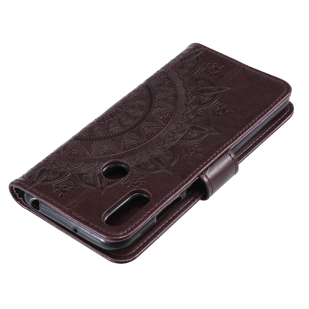 Imprint Mandala Flower Stand Wallet Leather Case for Huawei Y6 (2019, with Fingerprint Sensor) - Dark Brown-8