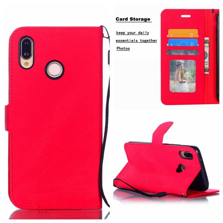 Cloth Texture PU Leather Card Holder Phone Case for Huawei P20 lite (2019) - Red-1