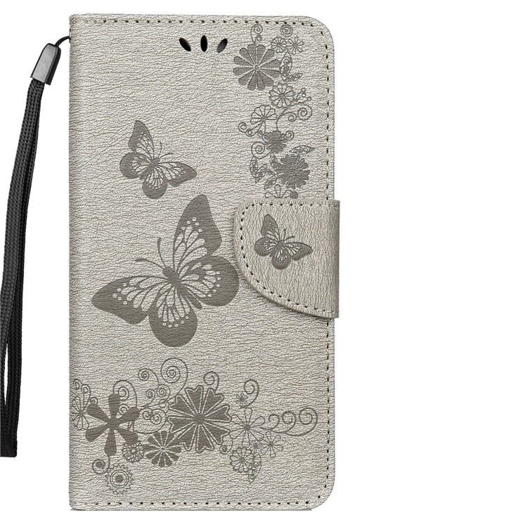 Imprint Butterfly Flower Leather Wallet Case for Huawei P Smart Z - Grey-1