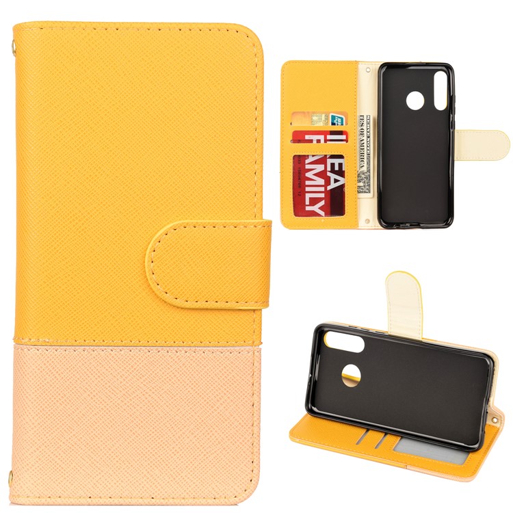 Color-block Cross Texture PU Leather Wallet Stand Phone Cover for Huawei P Smart Z - Yellow-1