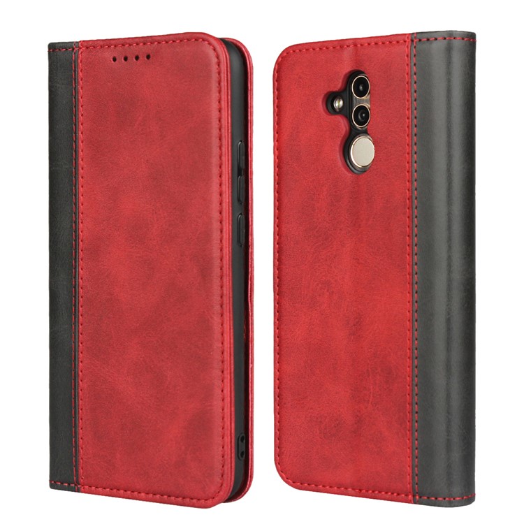 Bi-color Splicing Magnetic Case Stand Leather Wallet Case for Huawei Mate 20 Lite / Maimang 7 - Red-1