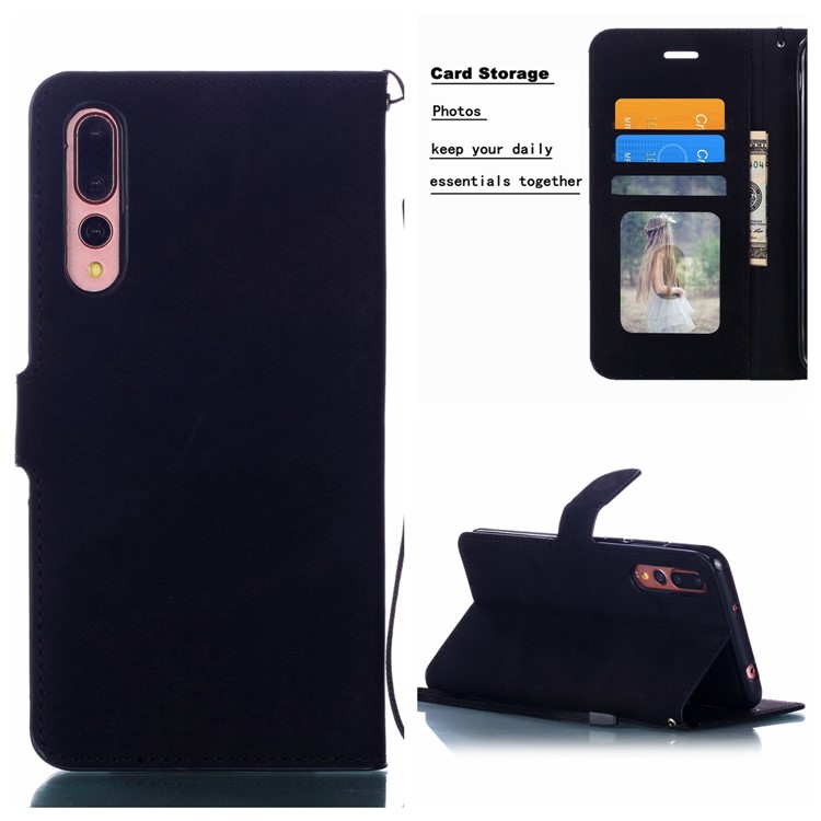 Cloth Texture Wallet Stand Leather Protective Casing with Strap for Huawei P20 Pro - Black-1