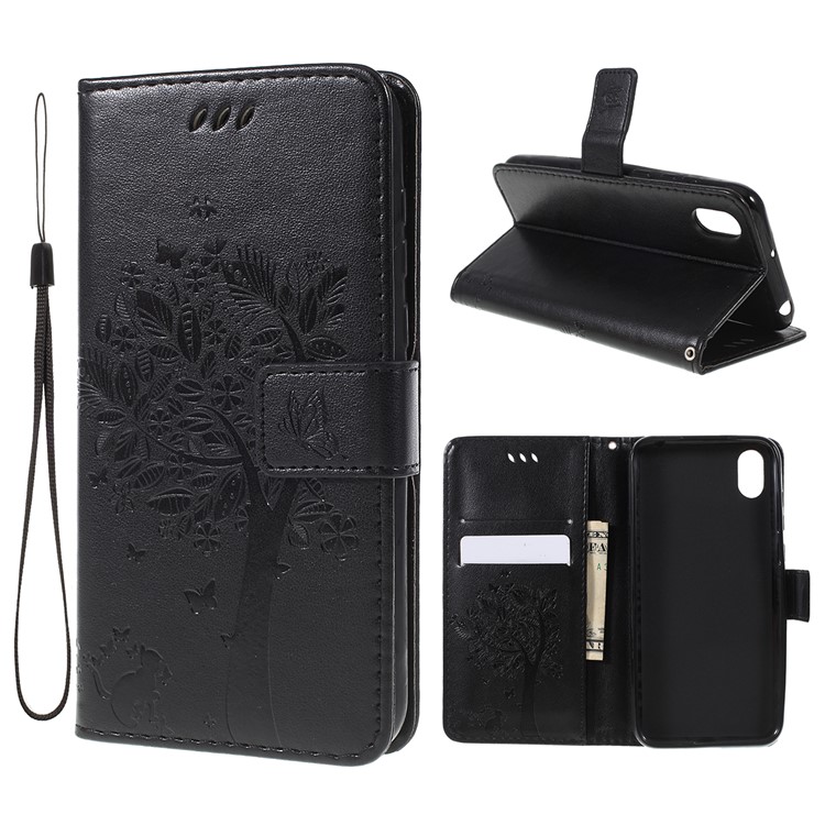 Imprint Cat and Tree Pattern PU Leather Wallet Stand Cover Case for Huawei Y5 (2019) / Honor 8S - Black-1