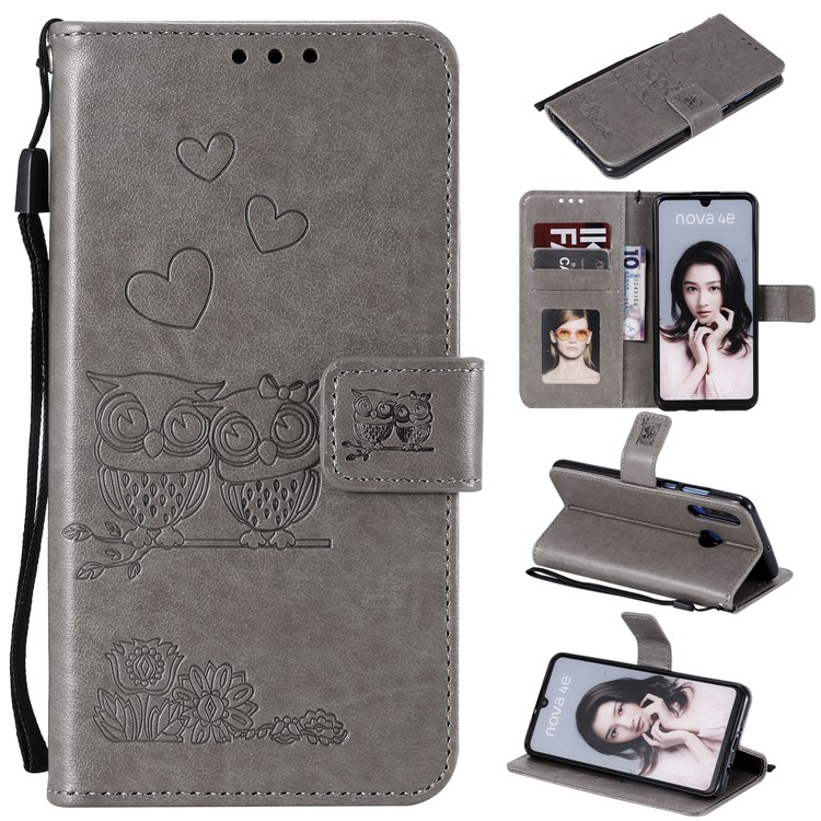 Imprinted Flower Owl Leather Wallet Phone Case for Huawei P30 Lite - Grey-1