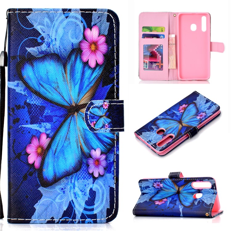 Pattern Printing Wallet Stand Leather Protective Case with Strap for Huawei P Smart+ 2019 / Enjoy 9s - Blue Butterflies-1