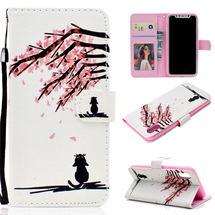 Pattern Printing Wallet Flip Leather Phone Cover with Strap for Huawei Honor 8S - Flower Tree and Cat-1