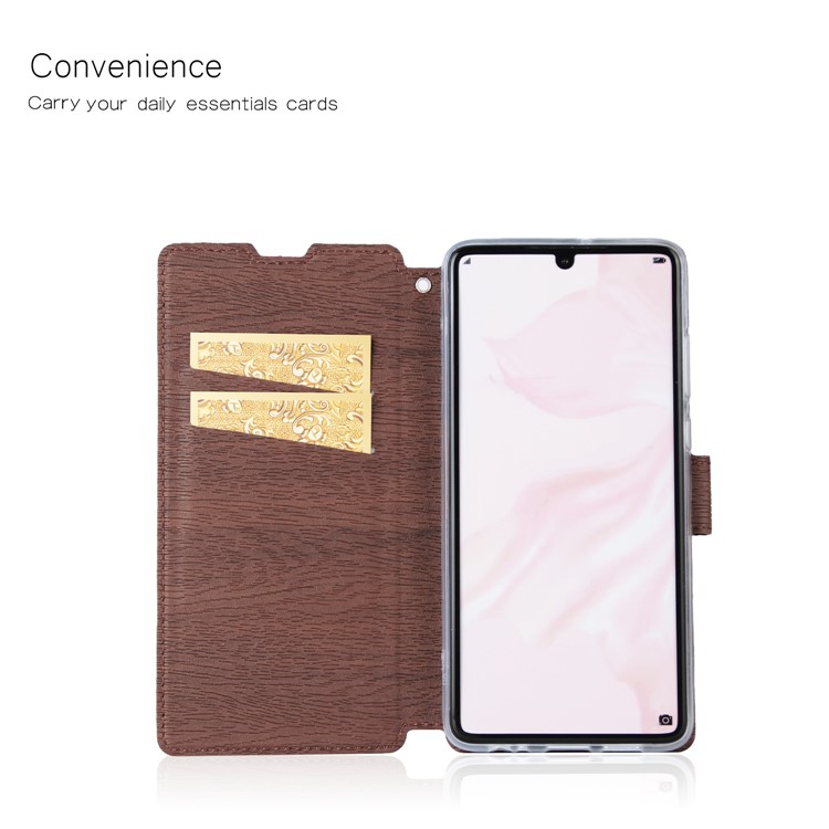 Wood Grain PU Leather Stand Card Slots TPU Casing with Hang Rope for Huawei P30 - Brown-11