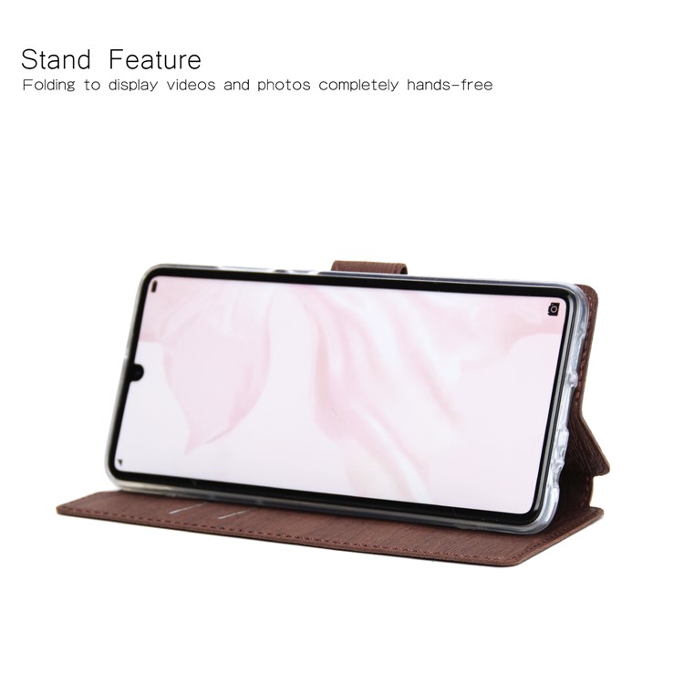 Wood Grain PU Leather Stand Card Slots TPU Casing with Hang Rope for Huawei P30 - Brown-3