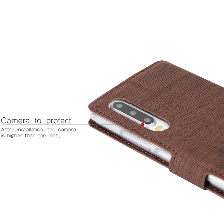 Wood Grain PU Leather Stand Card Slots TPU Casing with Hang Rope for Huawei P30 - Brown-5