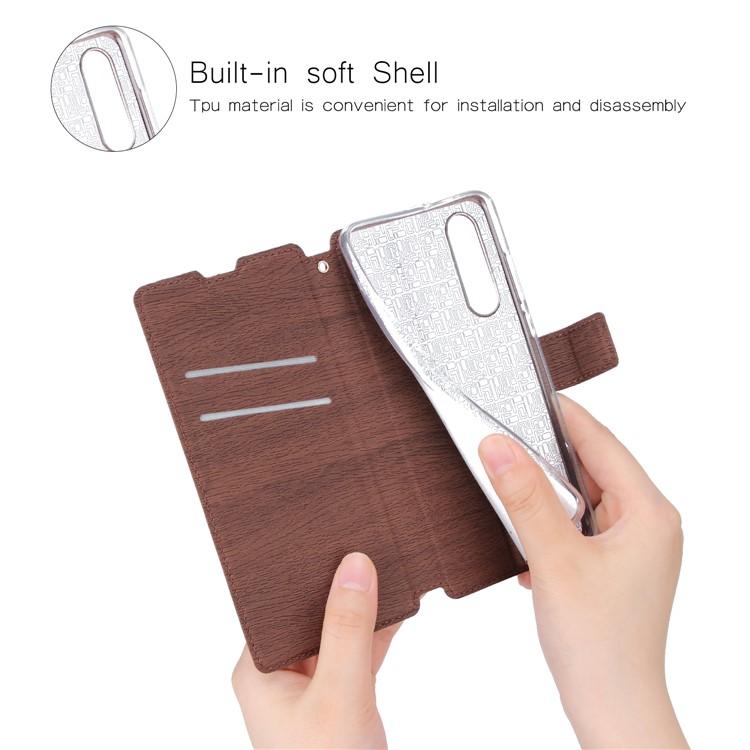 Wood Grain PU Leather Stand Card Slots TPU Casing with Hang Rope for Huawei P30 - Brown-7