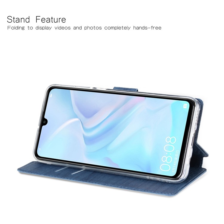 Wood Grain PU Leather Stand Card Slots TPU Phone Case with Hang Rope for Huawei P30 Lite - Blue-3