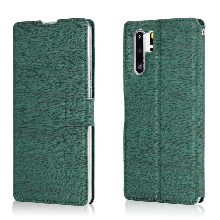 Wood Grain PU Leather Stand Card Slots TPU Phone Shell with Hang Rope for Huawei P30 Pro - Green-1