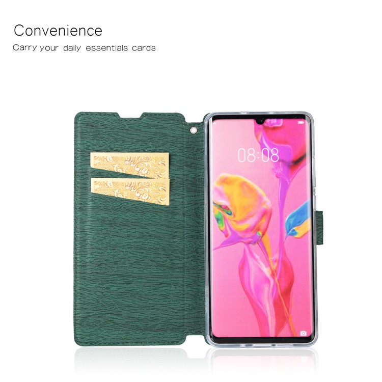 Wood Grain PU Leather Stand Card Slots TPU Phone Shell with Hang Rope for Huawei P30 Pro - Green-11