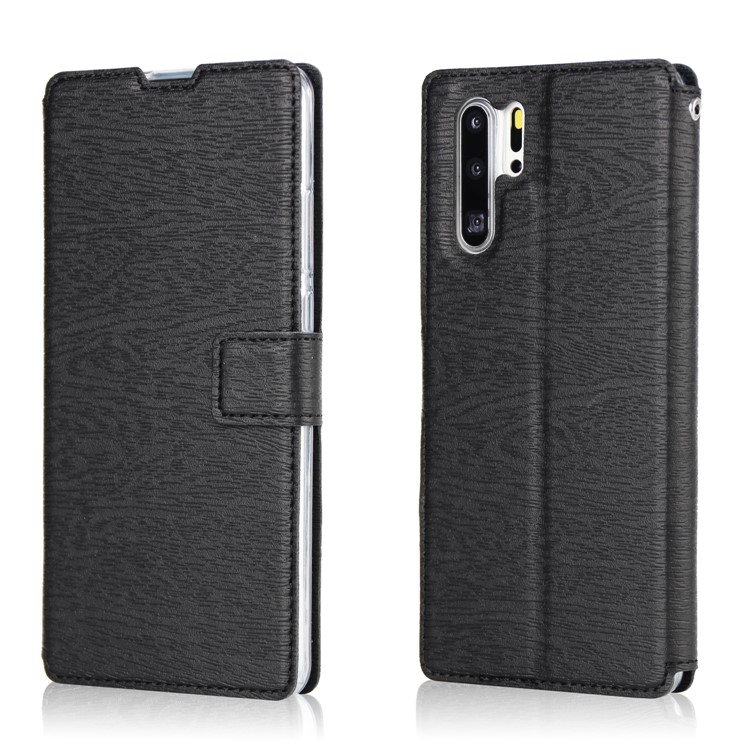 Wood Grain PU Leather Stand Card Slots TPU Phone Shell with Hang Rope for Huawei P30 Pro - Black-1