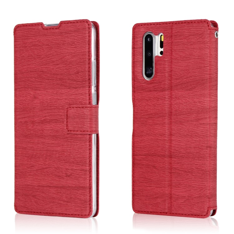 Wood Grain PU Leather Stand Card Slots TPU Phone Shell with Hang Rope for Huawei P30 Pro - Red-1