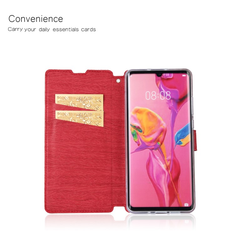 Wood Grain PU Leather Stand Card Slots TPU Phone Shell with Hang Rope for Huawei P30 Pro - Red-2