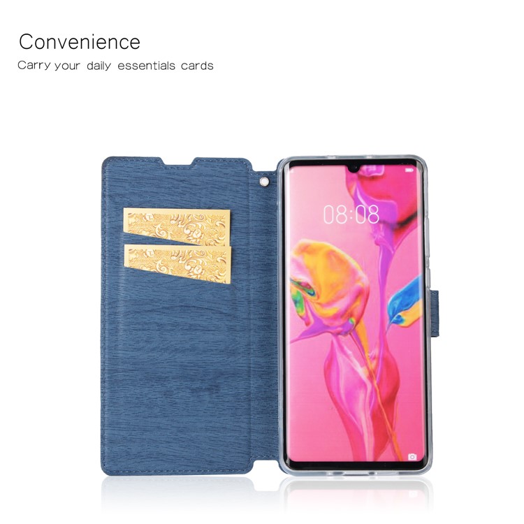 Wood Grain PU Leather Stand Card Slots TPU Phone Shell with Hang Rope for Huawei P30 Pro - Blue-2