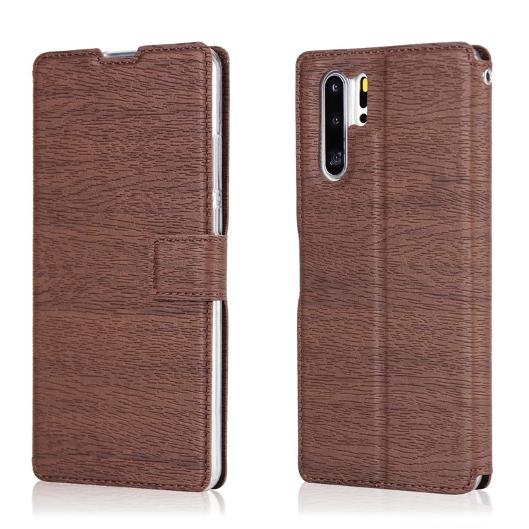 Wood Grain PU Leather Stand Card Slots TPU Phone Shell with Hang Rope for Huawei P30 Pro - Brown-1