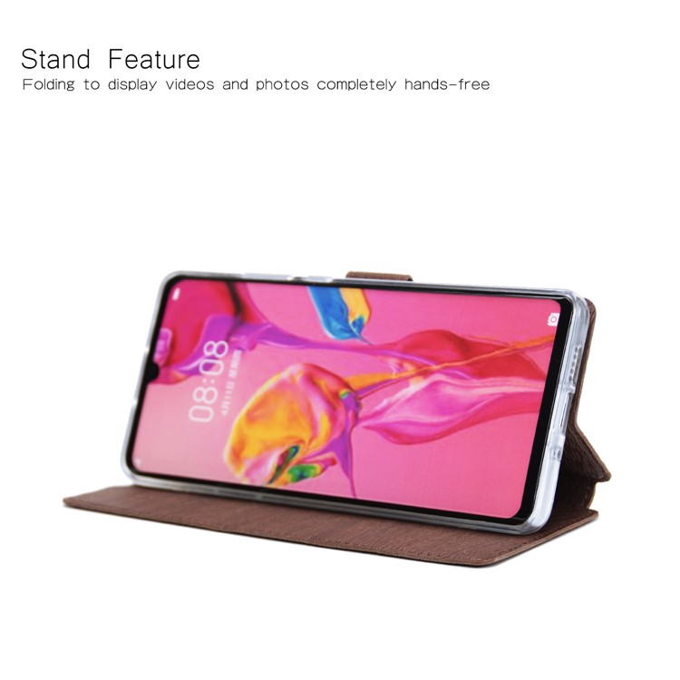 Wood Grain PU Leather Stand Card Slots TPU Phone Shell with Hang Rope for Huawei P30 Pro - Brown-3