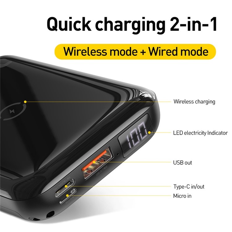 Baseus 2 in 1 10W Wireless Carica Rapida 10000mah 18W Wired Bank - Nero-2