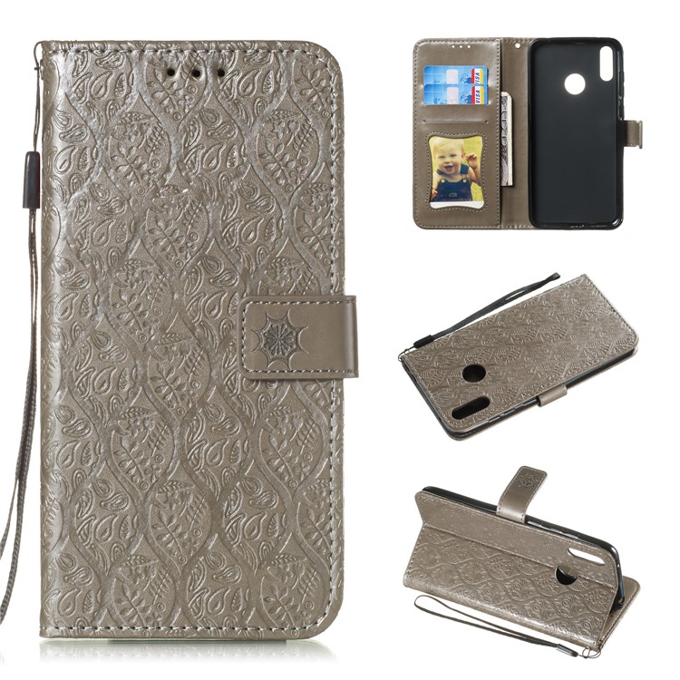 Imprint Leaf Leather Wallet Case for Huawei Y7 (2019) / Enjoy 9 / Y7 Pro (2019) - Grey-1