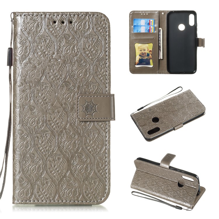 Imprint Rattan Flower Pattern Wallet Stand Leather Case with Strap for Huawei Honor 8A / Huawei Y6 (2019, with Fingerprint Sensor) / Y6 Prime (2019) - Grey-1