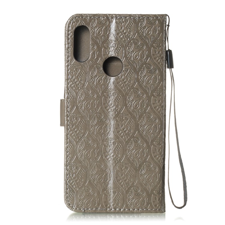 Imprint Rattan Flower Pattern Wallet Stand Leather Case with Strap for Huawei Honor 8A / Huawei Y6 (2019, with Fingerprint Sensor) / Y6 Prime (2019) - Grey-3