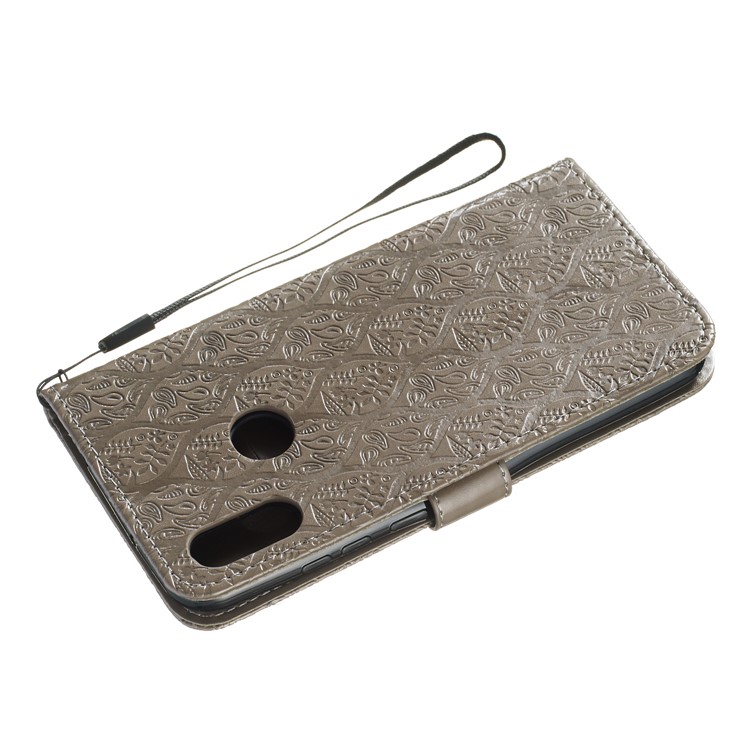 Imprint Rattan Flower Pattern Wallet Stand Leather Case with Strap for Huawei Honor 8A / Huawei Y6 (2019, with Fingerprint Sensor) / Y6 Prime (2019) - Grey-5